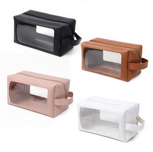 PU Leather <b>Transparent</b> Window Cosmetic <b>Bag</b> Durable <b>Makeup</b> BagPortable Toiletry Pouch with Handle - Product Image 2