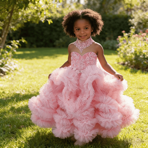 Vestido <span class=keywords><strong>de</strong></span> Fiesta <span class=keywords><strong>para</strong></span> <span class=keywords><strong>Niñas</strong></span> con Cuello Halter, Apliques <span class=keywords><strong>de</strong></span> Encaje con Cuentas, Vestido <span class=keywords><strong>de</strong></span> Gala con Volantes, Vestido <span class=keywords><strong>de</strong></span> Dama <span class=keywords><strong>de</strong></span> Honor <span class=keywords><strong>para</strong></span> Bodas - Product Image 1