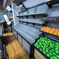 Dubbelzijdige metalen en houten supermarkt fruit- en groentepresentatiestand voor verse producten