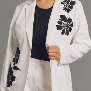 Nuevo Blazer Cómodo, Casual, Elegante, de Lino y Algodón, Cuello Holgado, Bordado Floral, Chaqueta Tejida Sólida - Product Image 5