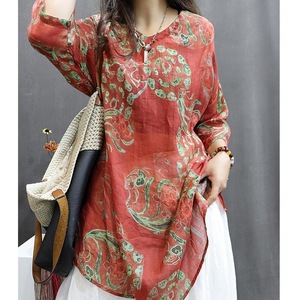 Retro Print Mid Sleeve V Neck Cotton Linen Loose Dress Breathable Daily Wear Women Casual Style - Product Image 2