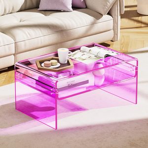 Nhà Máy Bán Buôn Màu Hồng <span class=keywords><strong>Acrylic</strong></span> Bàn Cà Phê Với Lưu Trữ Mở Kệ Rõ Ràng Hình Chữ Nhật <span class=keywords><strong>Lucite</strong></span> Đồ Nội Thất Cho Phòng Khách - Product Image 5