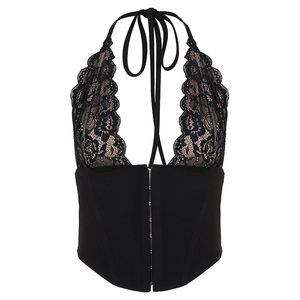 Top Corto de Punto con Cuello Halter, Escote en V y Detalles de Encaje - Color Sólido, Estilo Atrevido y Sexy - Product Image 5