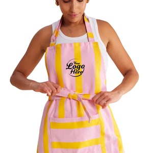 Pink Lemonade Stripes Polyester Professional Cooking Apron Bib Custom Logo <b>Label</b> Chef Designed <b>Kitchen</b> Pockets Custom Colors - Product Image 1
