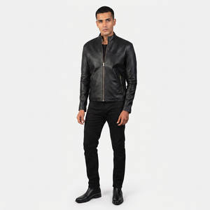 Chaqueta de Cuero Transpirable con Acabado Desgastado y Estilo Vintage para Hombre, Piel de Vaca Genuina, Cuello Alto, Logotipo Frontal, Otoño - Product Image 1