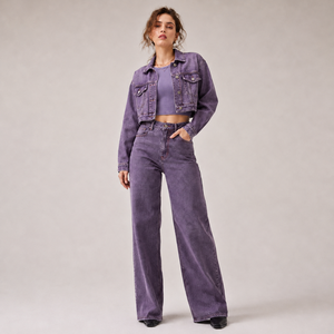 Giacca di jeans vintage, top alla moda, pantaloni jeans viola a vita alta da donna, set di abbigliamento coordinato. - Product Image 1