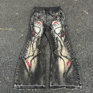 SOONREE <span class=keywords><strong>Jeans</strong></span> Svasati Invernali da <span class=keywords><strong>Uomo</strong></span>, Stile Vintage Lavato e Strappato, con Ricamo Rosso, Produzione OEM Personalizzata - Product Image 5