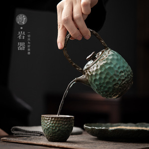 Teapot <b>Ceramic</b> Bluestone Glaze Hammered Pattern With Lid Filter Kung Fu <b>Tea</b> <b>Pot</b> Round Shape Household Use - Product Image 2