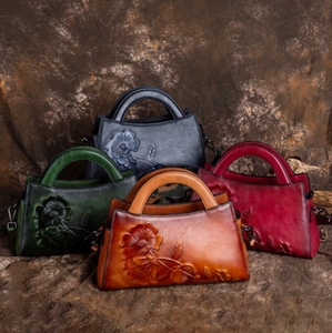 Borsa a Mano Vintage in Vera Pelle da Donna 2024, Stile Retrò Country, Grande Capacità, Pratica Tracolla, Cerniera, Motivo Floreale in Rilievo - Product Image 3