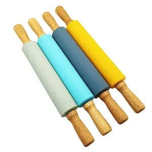Custom Logo Wooden Handle Rolling Pins Nonstick Silicone Christmas Dough Rolling Pin