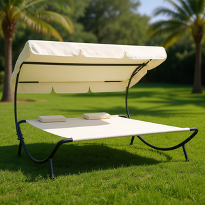 Chaise longue en tissu crème 100% polyester, double, durable, pour l'extérieur, avec auvent et coussins - Product Image 2