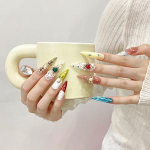 <span class=keywords><strong>Uñas</strong></span> Postizas Hechas a Mano, Estilo Barroco, Lujosas, Vintage, con Perlas, Corazones y Diamantes de Imitación, Arte en 3D, con Lámina Dorada, <span class=keywords><strong>Uñas</strong></span> de Gel, <span class=keywords><strong>Uñas</strong></span> Adhesivas - Product Image 3