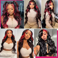 Perruque Lace Frontale HD Transparente 5x5 sans colle, Cheveux Humains Vierges Brésiliens, Ondulation Body Wave Rose Bourgogne, pour Femmes Noires