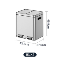 Poubelle de recyclage écologique à pédale pour cuisine, maison, hôtel, grande capacité 15L*2, double compartiment, en acier inoxydable, fermeture lente