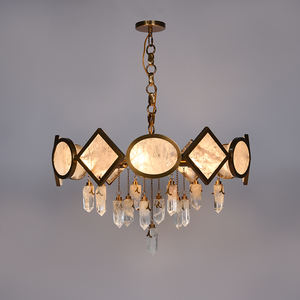 Lampe suspendue moderne minimaliste personnalisée en pierres précieuses, artisanale, avec cadre en fer et cristal, lumière blanc chaud, pour l'intérieur - Product Image 2