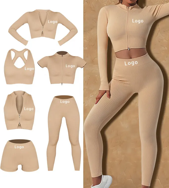 2022 özel Logo 6 adet dikişsiz kadın Yoga takım elbise nervürlü fermuar spor spor giyim spor sutyen üst ve Yoga tayt setleri