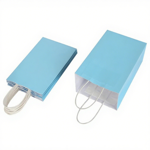 KM 16*8*22cm Bolsas de papel Kraft de fondo plano azul claro con asas retorcidas | Alimentos seguros y compostables - Product Image 2