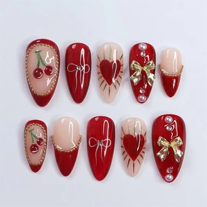 <span class=keywords><strong>Uñas</strong></span> Postizas Rojas de Alta Calidad para el Día de San Valentín, 10 Piezas, Forma de Almendra, Hechas a Mano con <span class=keywords><strong>Amor</strong></span> y Diseño de Lazo, Material Acrílico Reutilizable - Product Image 2