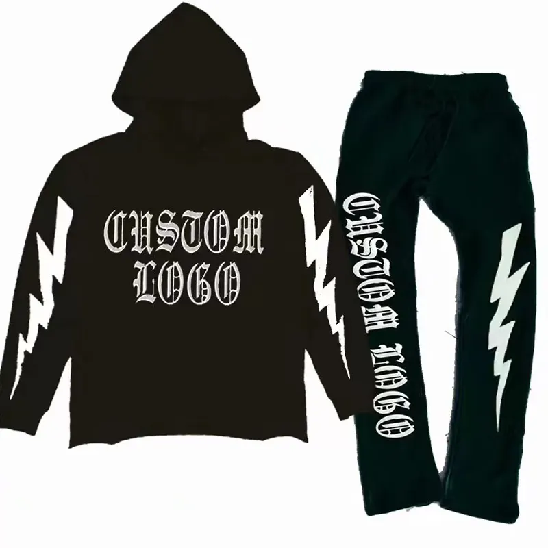 Custom High Quality Printing Tracksuit 100% Cotton French Terry Raw Hem Cut and Sew Hoodie Sweatpants and Hoodie Jogger Set