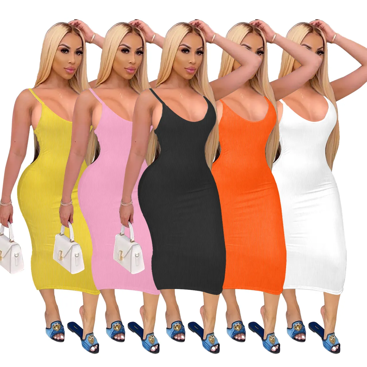 2023 Spring Summer Custom Logo Plus Size Dress Low Neckline Halter Sexy Bodycon Women Casual Midi Dresses