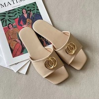 Damen Echtleder Slide-Sandalen Atmungsaktiv Rutschfest Leichtgewichtig Bedruckt Metallakzent Flache Sohle Offene Modische Trendige Schuhe