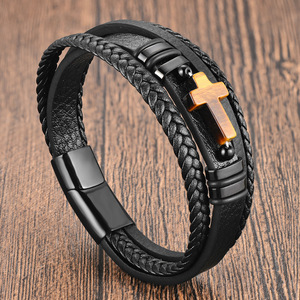 Bracciale <span class=keywords><strong>da</strong></span> <span class=keywords><strong>uomo</strong></span> in pelle nera intrecciata a doppio strato con croce in pietra naturale e acciaio inossidabile, multistrato - Product Image 4