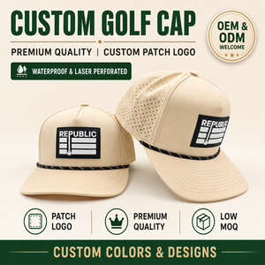 Casquette de golf avancée à 5 panneaux, imperméable, avec logo en silicone personnalisé, faible MOQ, OEM, patch en caoutchouc 3D perforé au laser, respirante - Product Image 1