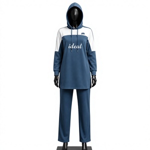 M.H. Chándal con Capucha para Mujer, Diseño Internacional, Azul y Blanco con Bloques de Color, Manga Larga, Corte Holgado, Informal, para Otoño, 100% - Product Image 1
