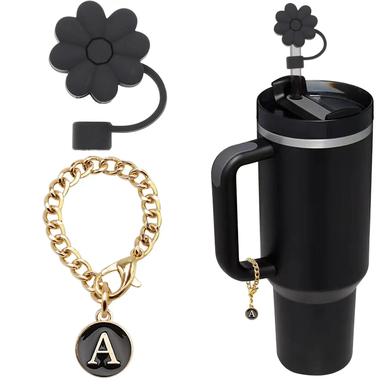Car Cup Accessories Flower Straw Cover Silicone Straw Topper for 30&40 oz Tumbler with Handle and Initial A-Z Letter Charm