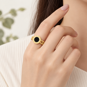 Stainless Steel 14K Gold Vacuum Plated Black Oval <b>Roman</b> <b>Numeral</b> Statement Jewelry Plain Band <b>Ring</b> Women's Blueprint Irregular - Product Image 4