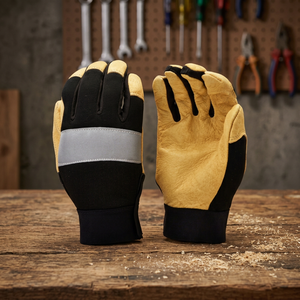 Gants de travail en cuir, bouts des doigts texturés, antidérapants, gants de sécurité polyvalents, épaisseur 4 mil, sans latex, noir jaune, droits - Product Image 4