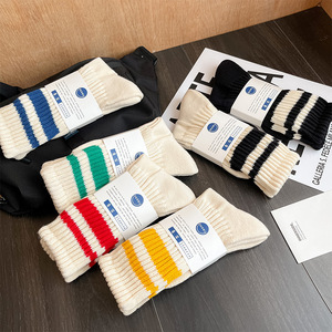 Men's Striped Chunky Knit Crew Socks Pure Cotton Mid-Calf Thermo Winter Casual Socks - Product Image 1