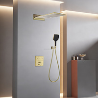Ensemble de douche mural thermostatique en laiton 3 voies avec pommeau de douche cascade et pluie, finition or brossé PVD de haute qualité