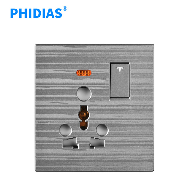 Factory OEM British Socket Metal Plate Electric 16A 6 Pin Power Socket with 1 Gang Small Button Wall Switch Pakistan Bangladesh