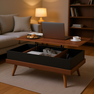 โต๊ะกาแฟไม้ยกได้ หน้าไม้วอลนัทสีเข้ม พร้อมที่เก็บของแบบซ่อน ดีไซน์สไตล์มิดเซ็นจูรี่โมเดิร์น เฟอร์นิเจอร์ห้องนั่งเล่น - Product Image 2