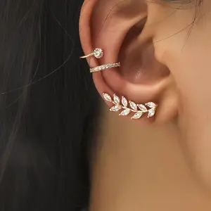 Hot Bán Zircon Tai Clip Set Trong Thời Trang Phong Cách Lá Xương Tai Clip Không Có Lỗ Tai Đơn Giản Đồng Bông Tai Đồ Trang Sức