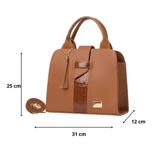 Sac fourre-tout pour femme fait main de couleur camel avec bandoulière, style décontracté, fermeture à rabat, motif de personnage décoré d'un pompon Li - Product Image 4