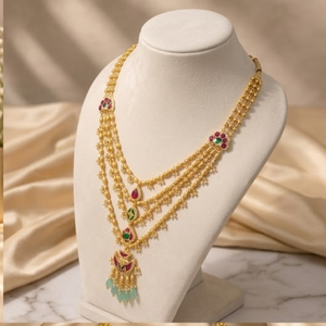 Gold Layered <b>Necklace</b> and Earring Set <b>Ruby</b> Emerald Stone Accents Freshwater Pearl Bridal Jewelry for Wedding Party - Product Image 1