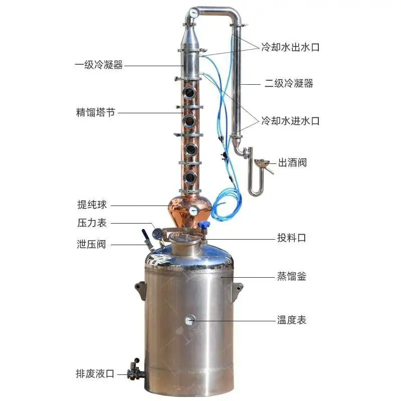 50L 100L Micro Household Stainless Steel Copper Brewery Alcohol Distilling Equipment