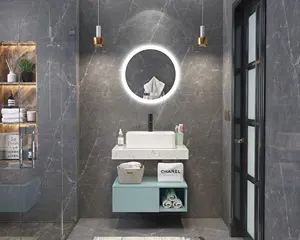 작은 아파트 단일 화이트 워시 세라믹 분지 블랙 우드 단일 Storge 서랍 거울 욕실 캐비닛 홈 욕실