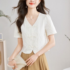 <span class=keywords><strong>2025</strong></span> Mùa Hè Mới Áo Sơ Mi Trung Quốc Phong Cách Nút Xuống Voan Áo Sơ Mi Phụ Nữ Retro V Cổ Tops 8748 # - Product Image 4