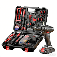 Ensemble d'outils électriques domestiques, perceuse à batterie Li-ion 21V, perceuse à main rechargeable, tournevis électrique multifonction, boîte de rangement en plastique 1