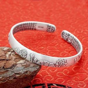 Brazalete Abierto de Plata Tailandesa Vintage con Namo Amitabha, <span class=keywords><strong>Sutra</strong></span> <span class=keywords><strong>del</strong></span> Corazón, Pixiu y <span class=keywords><strong>Loto</strong></span>, para la Suerte China y la Salud, para Hombres y Mujeres - Product Image 2