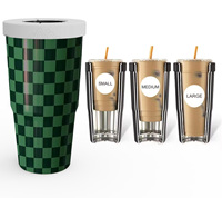 Moioco Gobelet Isotherme 30oz Noir et Blanc à Carreaux avec Couvercle et Paille, Petites/Moyennes/Grandes Tasses à Café Glacé pour Voiture, Bureau, Extérieur
