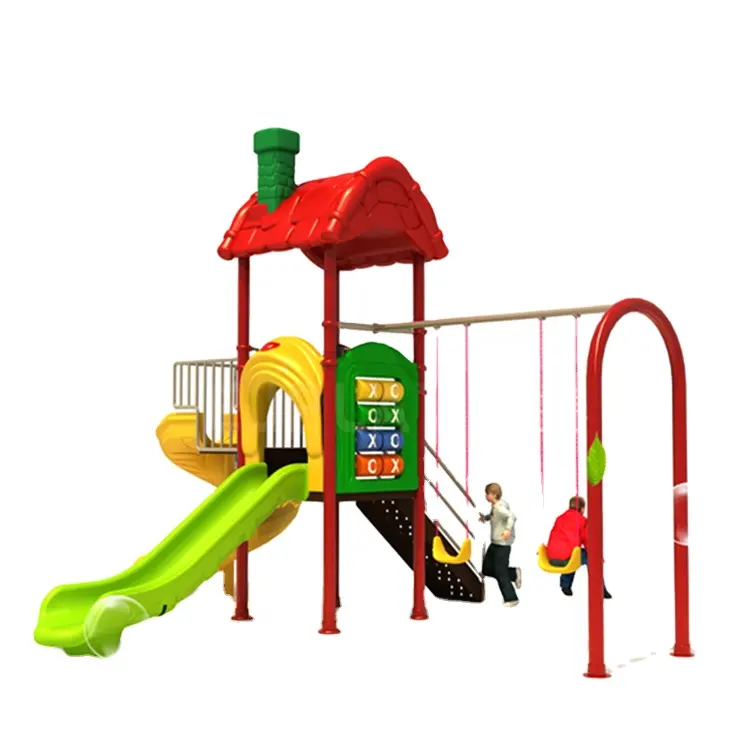 Colorido juego de tobogán de plástico para niños al aire libre con columpio, tobogán de diversión para niños a la venta