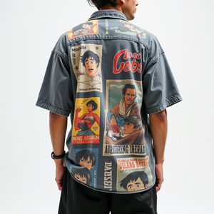 TKAN686 venta al por mayor de alta calidad Casual 100% tela de sarga de algodón cuello extendido botón Arriba Vintage estampado camisa de manga corta para hombres - Product Image 3