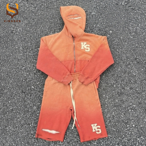 Customized Sun Bleached Vintage Wash Hoodie Chenille Embroidery Ripped Shorts Set Streetwear Custom Mens Short <b>Tracksuit</b> - Product Image 2
