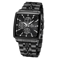 Montre chronographe à quartz pour homme, trois sous-cadrans, fenêtre de date, cadran noir, boîtier en or rose, bracelet en acier, style business et sport