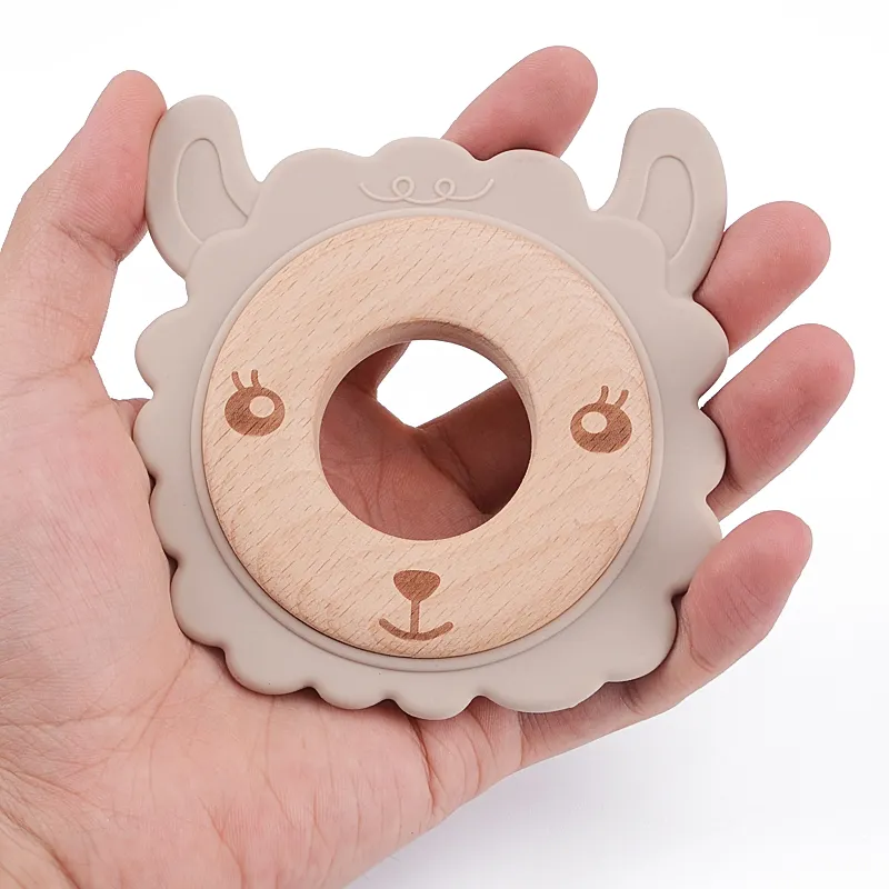 Bangxing Silicone Wooden Sheep Rattle Teether Safe Baby Teething Toys Multiple Colors Available Wooden Teether