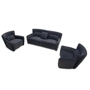 豪华意大利面料，如皮革柚木沙发躺椅3座灰色面料组合沙发客厅沙发套装